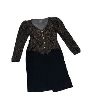 Vtg 5/6 Cachet 2pc Black Velvet Skirt Suit Gold Glittered Floral Design